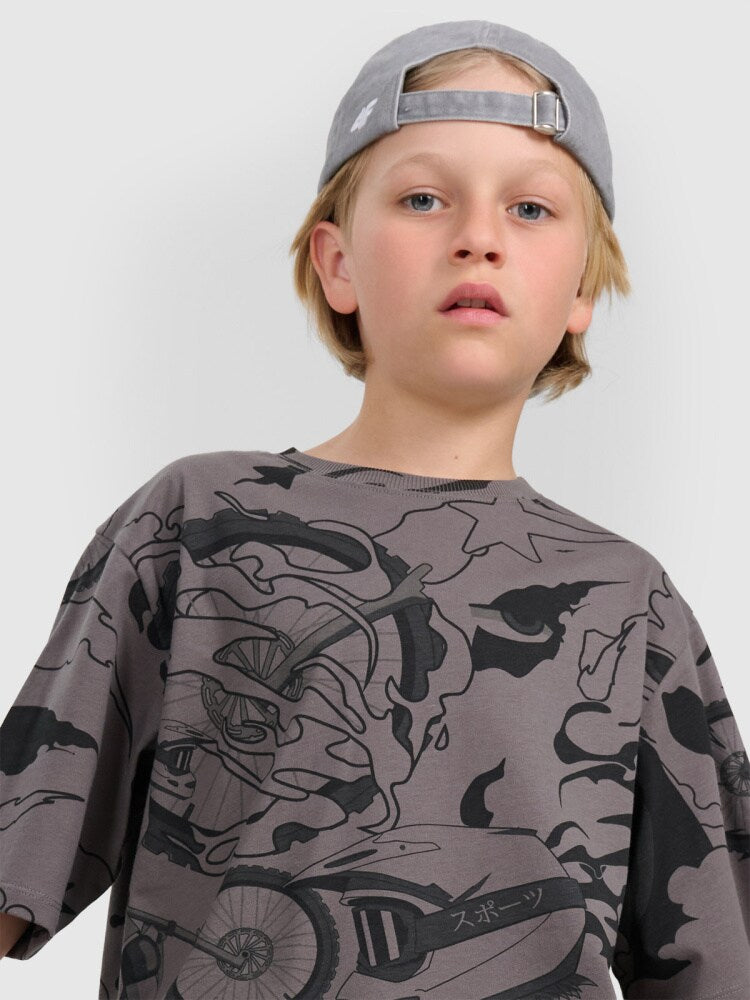 T-shirt oversize z nadrukiem chłopięcy - szary