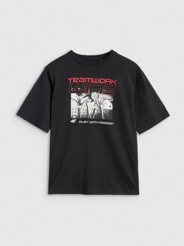 T-shirt oversize z nadrukiem dziecięcy - czarny