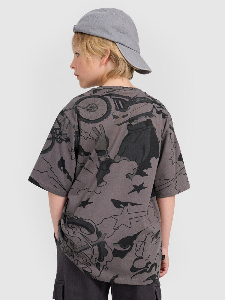 T-shirt oversize z nadrukiem chłopięcy - szary