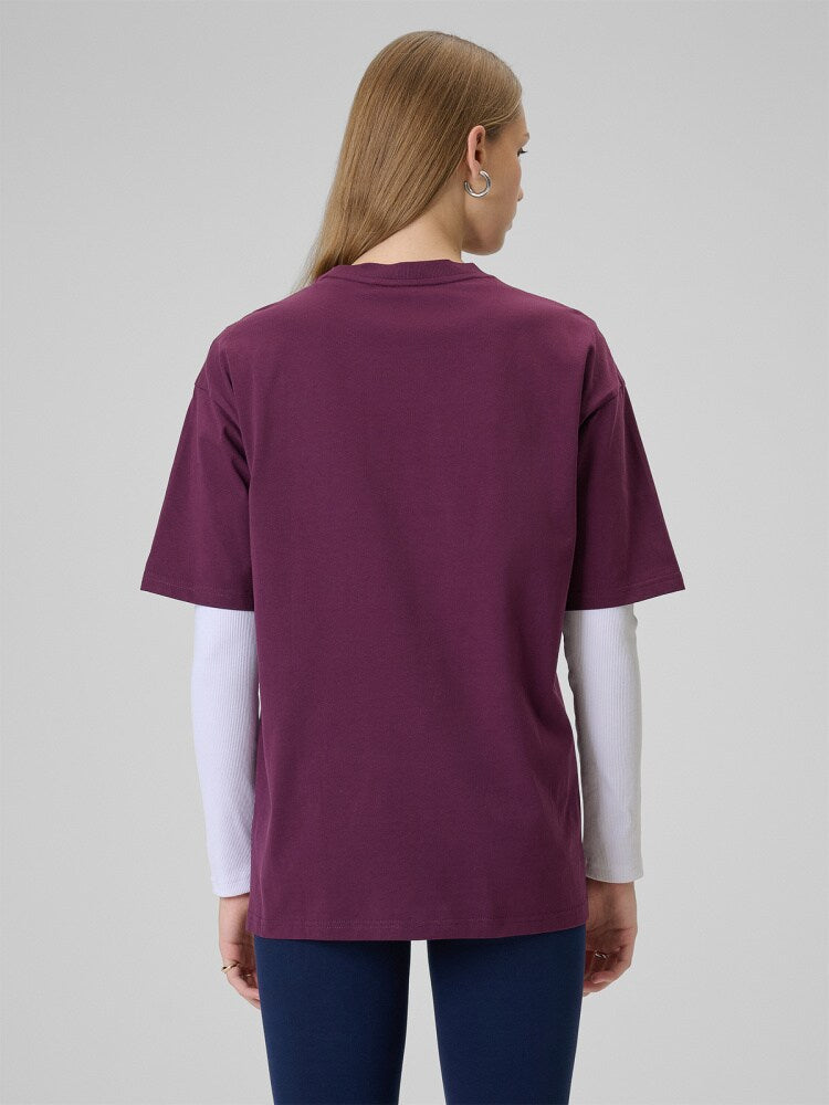 T-shirt loose gładki damski - burgundowy