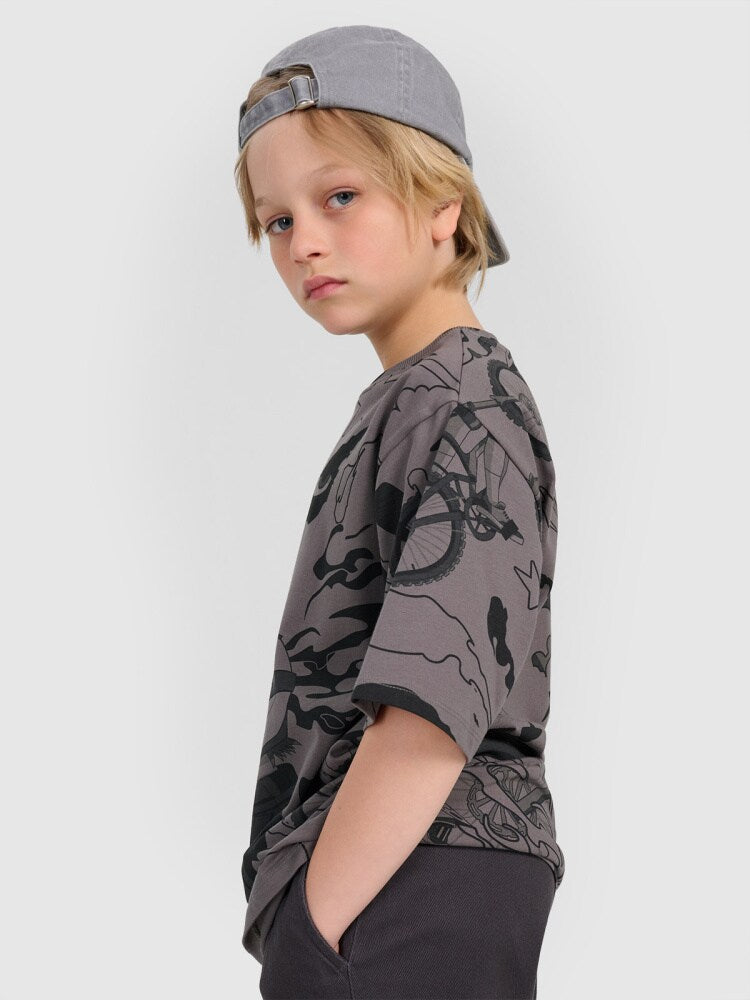 T-shirt oversize z nadrukiem chłopięcy - szary