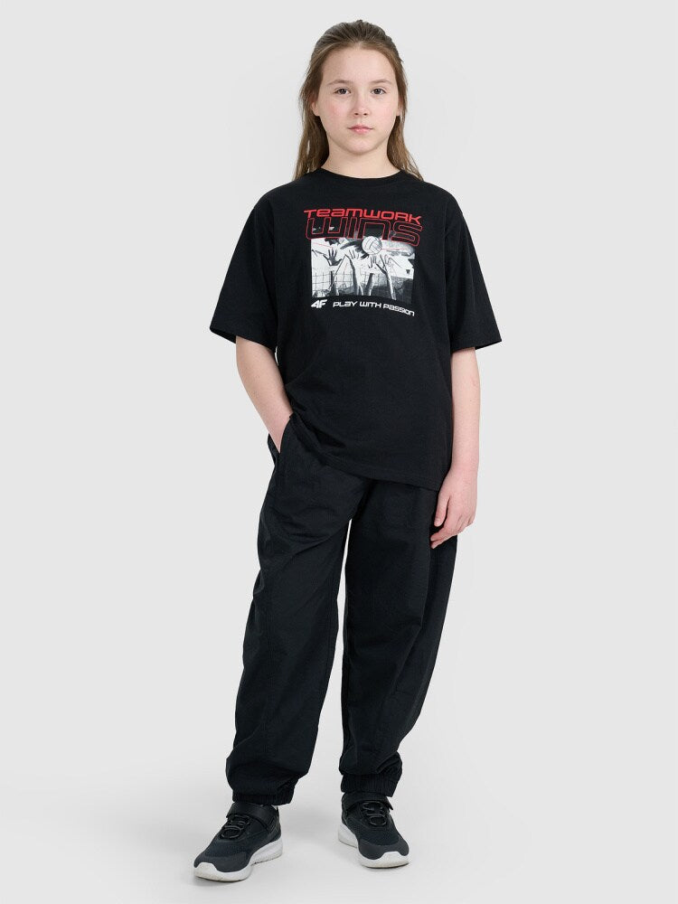 T-shirt oversize z nadrukiem dziecięcy - czarny