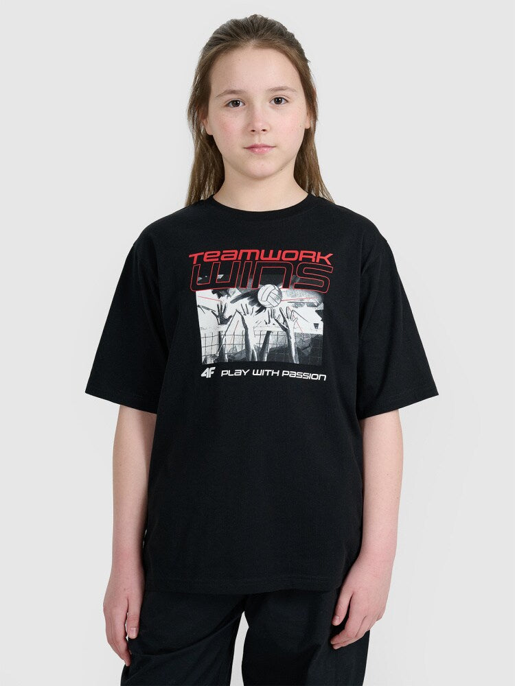 T-shirt oversize z nadrukiem dziecięcy - czarny
