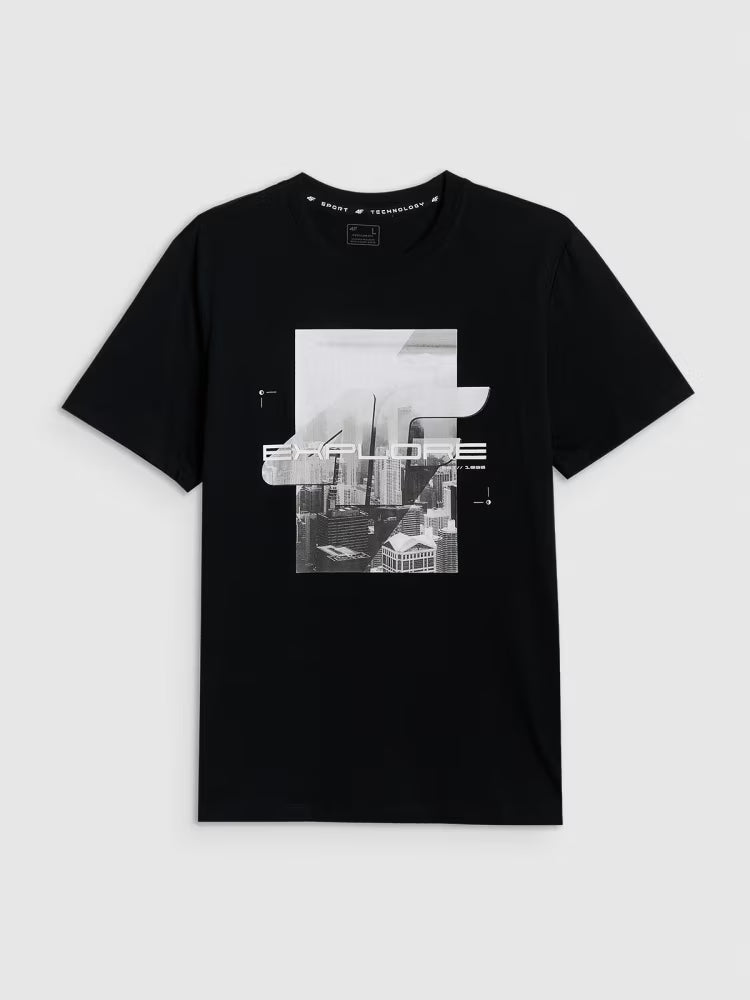T-shirt regular z nadrukiem męski - czarny