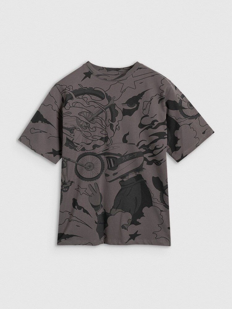 T-shirt oversize z nadrukiem chłopięcy - szary