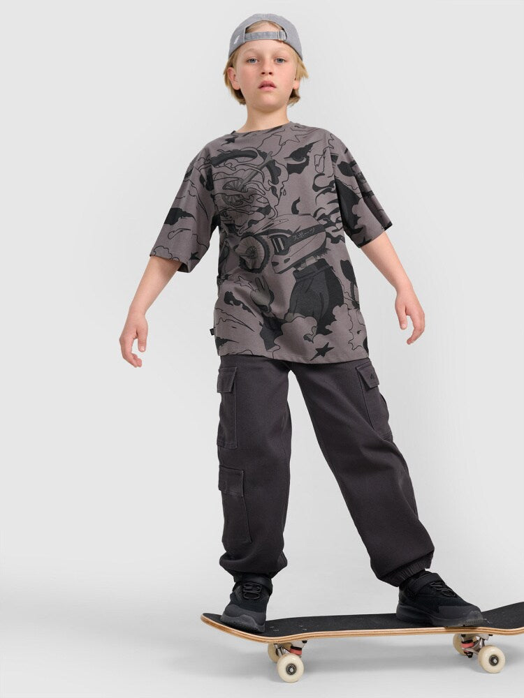T-shirt oversize z nadrukiem chłopięcy - szary