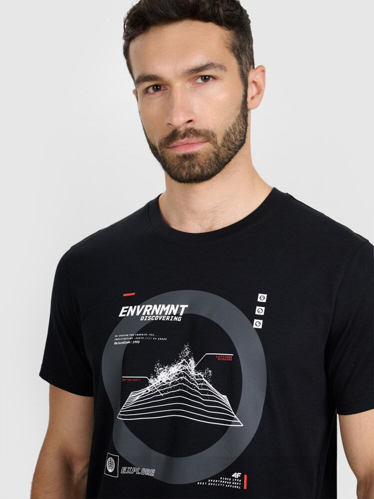 T-shirt regular z nadrukiem męski - czarny